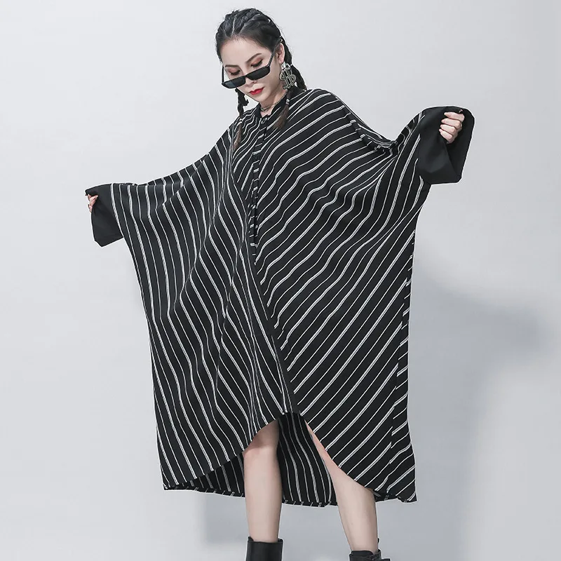 

Striped Blouse Big Size Women 2020 Summer Autumn Long Batwing Sleeved Oversize Loose Shirt Dress Drape Irregular Hem 3 Buttons