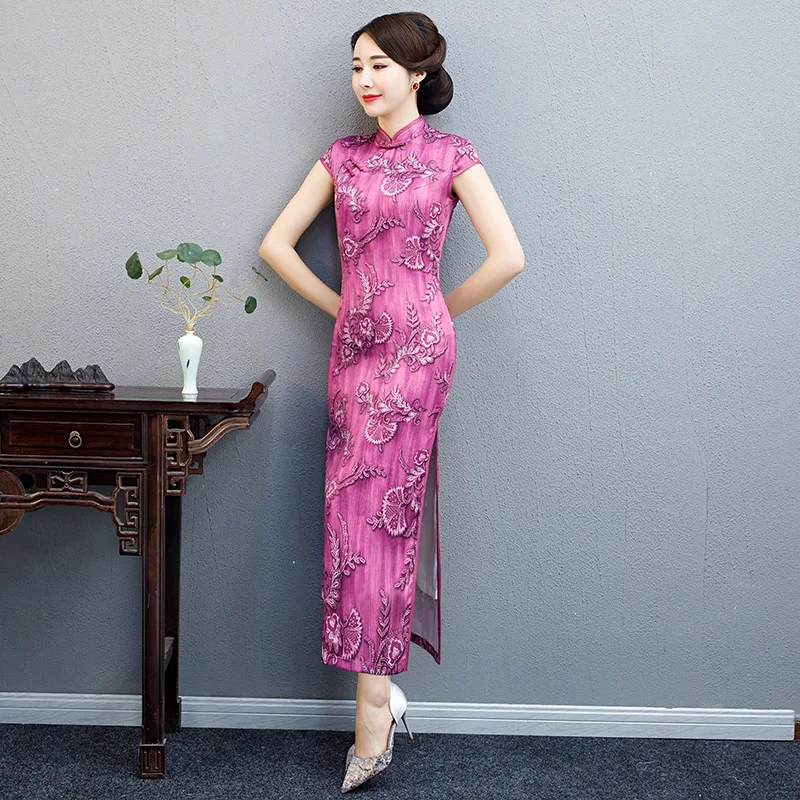 Элегантные атласные женские вечерние Qipao Цветочные Длинные китайские традиционные платья Восточный тонкий Cheongsam Винтаж Vestido Плюс Размер M-5XL