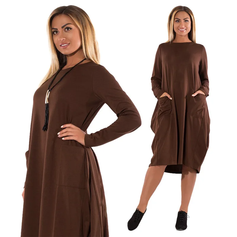 

Maternity Dresses Autumn Winter New Fashion Large Size Round Neck Ladies Dress Loose Pregnancy Long Dress Women Pocket Dress