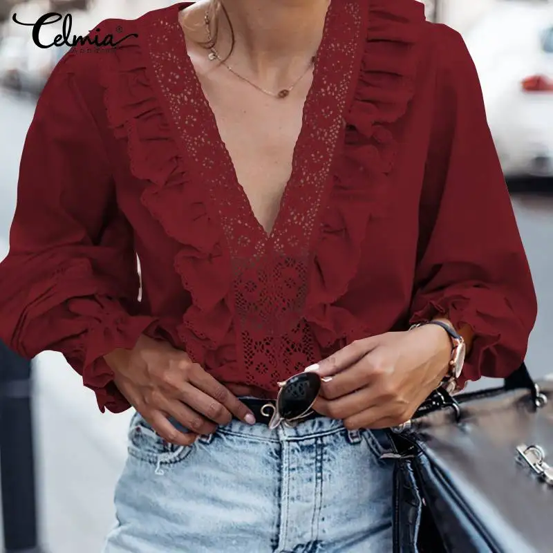  Celmia Top Fashion Women Ruffles Blouse Long Sleeve V-Neck Casual Shirts Loose Hollow Female Work P