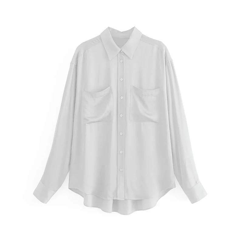 Женская винтажная атласная Блуза, повседневная Однотонная рубашка,, мягкая офисная рубашка с отложным воротником, длинный рукав, карман, зеленая блузка, топ, блузы