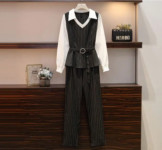 Plus Size 5XL Striped Long Sleeve Sexy V-Neck Jumper Tunic Shirts+High Waist Pants New Autumn Women Office Work 2 Pieces Sets | Женская