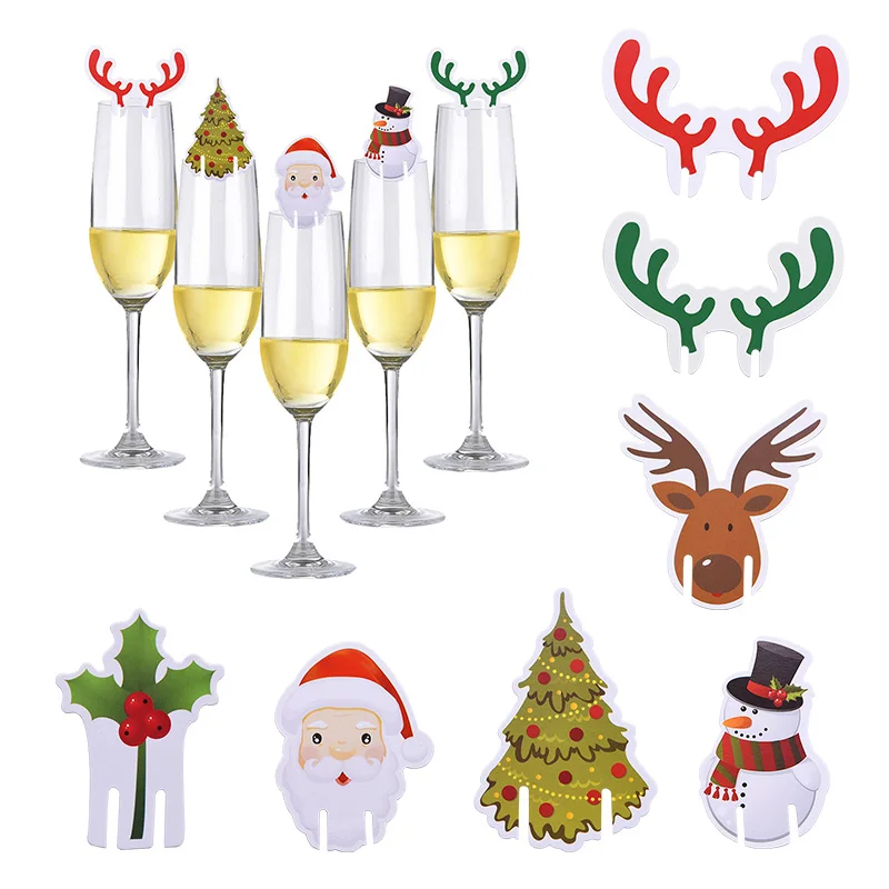 

50pcs Christmas Wine Glass Card Paper Xmas Tree Santa Snowman Deer Cup Cards Christmas Home Party Supplies Bar Table Decoration