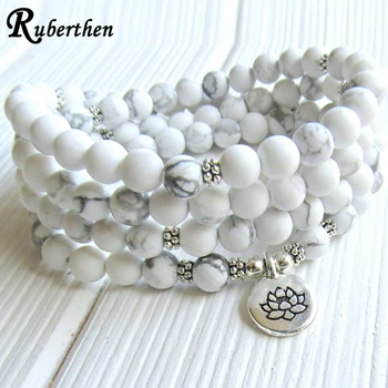 

Ruberthen 8 MM White Howlite 108 Mala Bracelet Lotus Charm Women`s Yoga Jewelry New Design Energy Protection Yoga Bracelet