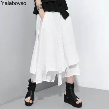 

2020 Summer Suit Elastic Waist Solid Color Wide Leg Pants Large Size Irregular Ankle-length Pants Comfortable Thin Soft Trousers