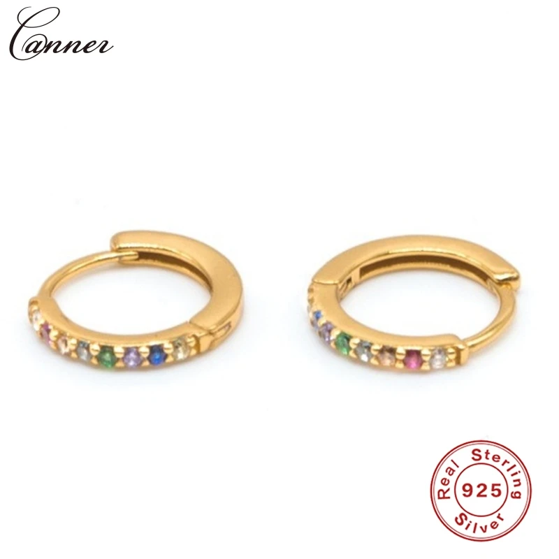 

CANNER Rainbow Zircon Small Hoop Earrings 925 Sterling Silver Circle Earrings for Women Gold Color CZ Crystal Earings 2019 Q40