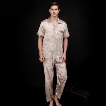 

Autumn Summer Loungewear Short Sleeves Long Pants Pajama Set Men Printed Satin Silk Pyjamas Male Pajamas Pijama Sleepwear