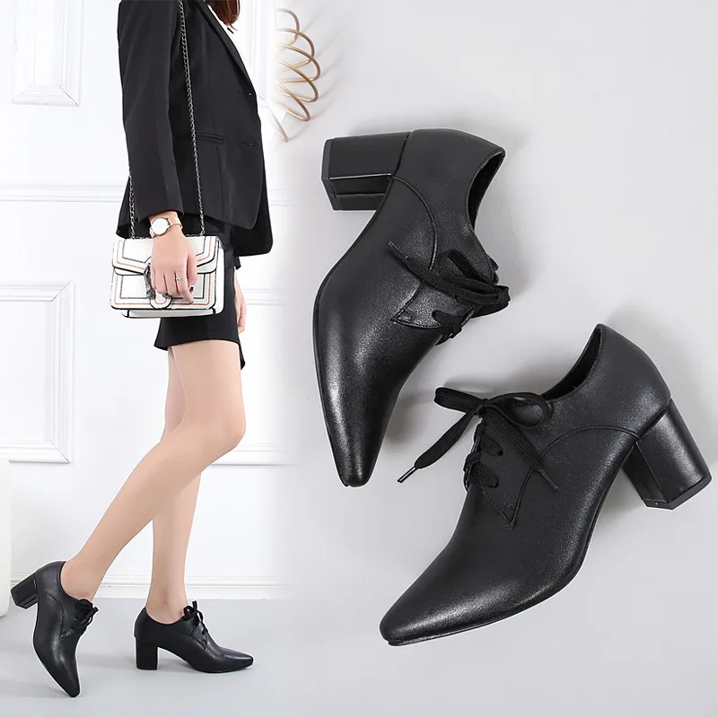 

Small Leather Shoes Women's Chunky-Heel WOMEN'S Shoes High-Heel Autumn And Winter 2019 New Style Pointed-Toe PU Leather Lace-up