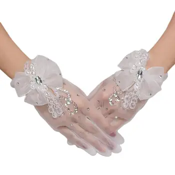 

Short Wedding Gloves Bowknot Embroidery Sequins Lace Rhinestone Bridal Mittens