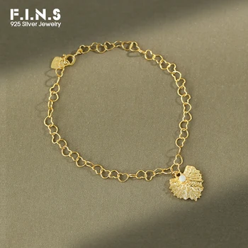 

F.I.N.S Korean S925 Sterling Silver Bracelet Heart-Shaped Leaf Pendant Opal Stone Heart Chain Charm Bracelet Silver 925 Jewelry