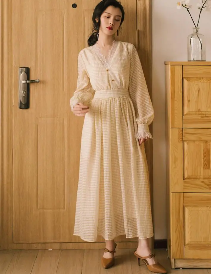 Autumn Vintage Light Yellow Plaid Maxi 