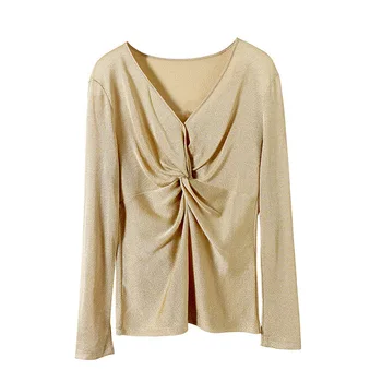 

Women 2020 long sleeve T-shirts twist front sexy V-neck see throught black tee tops color gold green