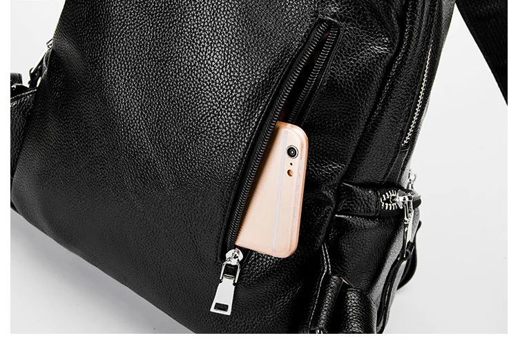 Double zipper Women Backpack Retro Black Ladies Large Soft Real Leather Backpacks Purse 15 inch Casual Girls School knapsack Bag (17)