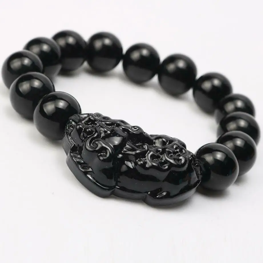 Мужской/женский браслет из черного камня Feng Shui Pi Xiu Obsidian с бусинами золотые