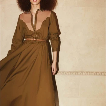 

2020 New Runway Women Maxi dress Full Sleeve Buttons Color Block Autumn Dress Elegant Belted A-Line Long Dresses High Quality
