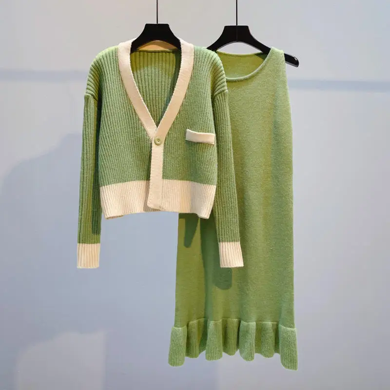 

Autumn Winter Sweater Cardigan And Sleeveless Sweater Dress Women Two Pieces V-Neck Knitted Sweaters Women Cardigan Coat C5886