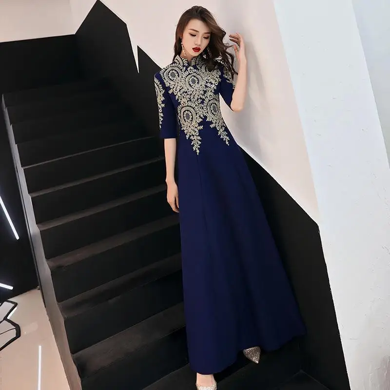 Темно-синие женские длинные вечерние платья Русалка Cheongsam элегантный китайский стиль воротник стойка вышитое платье тонкий Vestido XS-3XL - Цвет: Style 4