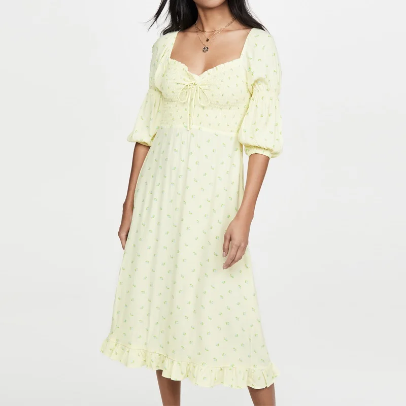 

women green print midi dress chic puff sleeve elastic neck and waist ladies fresh office ruffle hem dresses draped vestidos