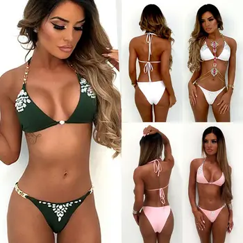 

2020 Women Glitter Sequins Crystal Swimwear Bikinis Set Female Halter Monokini Push-up Padded Bathing Suit Brazilian Swimsuit