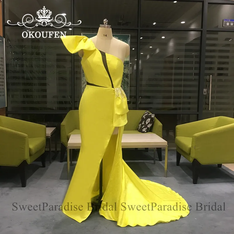 

Real Photos Yellow Evening Dress With Beads Long One Shoulder Side Split Mermaid Prom Dresses For Women Robe De Soiree