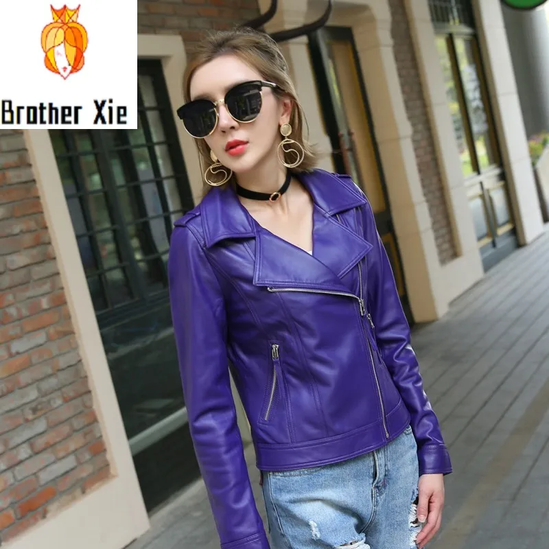 

New Purple Women Genuine Leather Motorcycle Jackets Fashion Zipper High Street Real Sheep Leather Jacket Coats Ladies Clothes