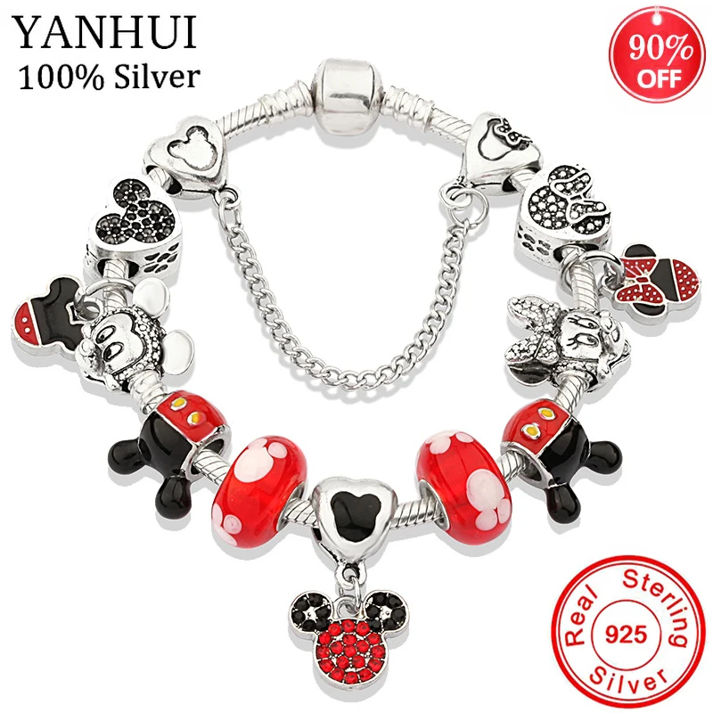 YANHUI 925 серебряный браслет с Микки Минни Маус с красные стеклянные бусины безопасная цепь браслет для женщин Подарок на годовщину