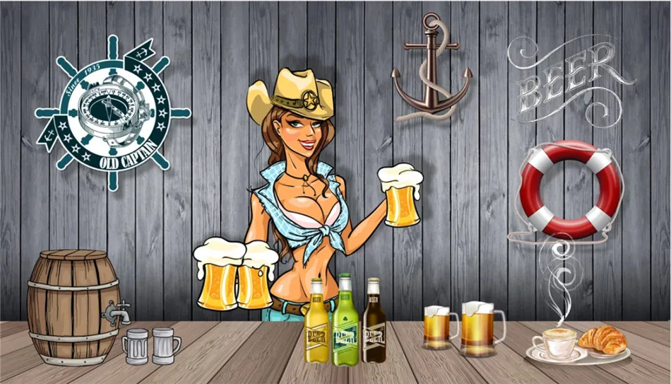 16960536 European and American Style Retro Wood Board Background Beer Mural Wallpaper Restaurant Bar KTV Industrial Decor Wall Paper 3D - Цвет: 16960536