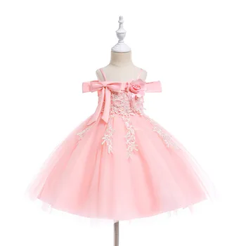 

Shiny Toddler Big Girl Suspender Flower Decoration And Bow Tie Princess Cotton Birthday Party Dress For First Communion