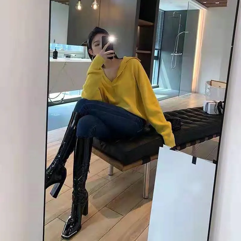 Square Toe high-heeled Women Knee High Boots 2020 Winter New Punk Thick Heel Patent Leather Short Plush Riding Boots Shoes Woman (1)