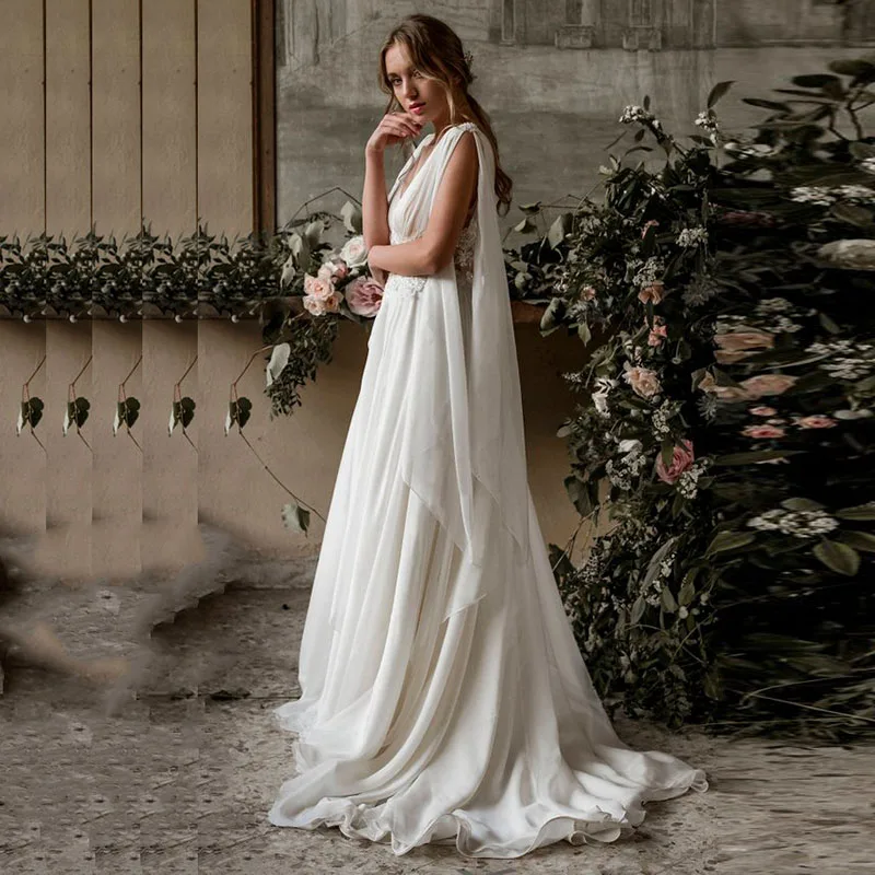 robe de mariée Simple White Chiffon Wedding Dresses 2020 Cap Sleeves A Line Bridal Gowns Lace Appliques Beach Wedding Dress (3)