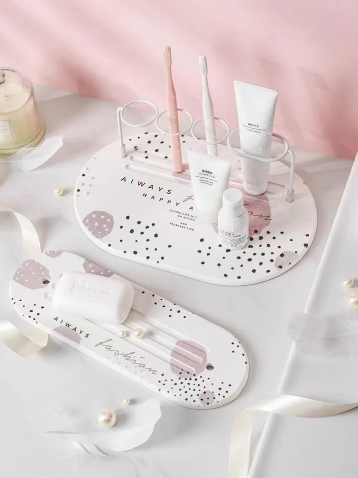 Nordic Diatom mud Iron Toothbrush Holder Storage Rack with Tray Home Storage Accessories Bathroom Tool For Electric Toothbrushes
