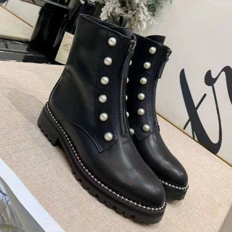 2019 Brand Pearl Zipper Boots Woman 