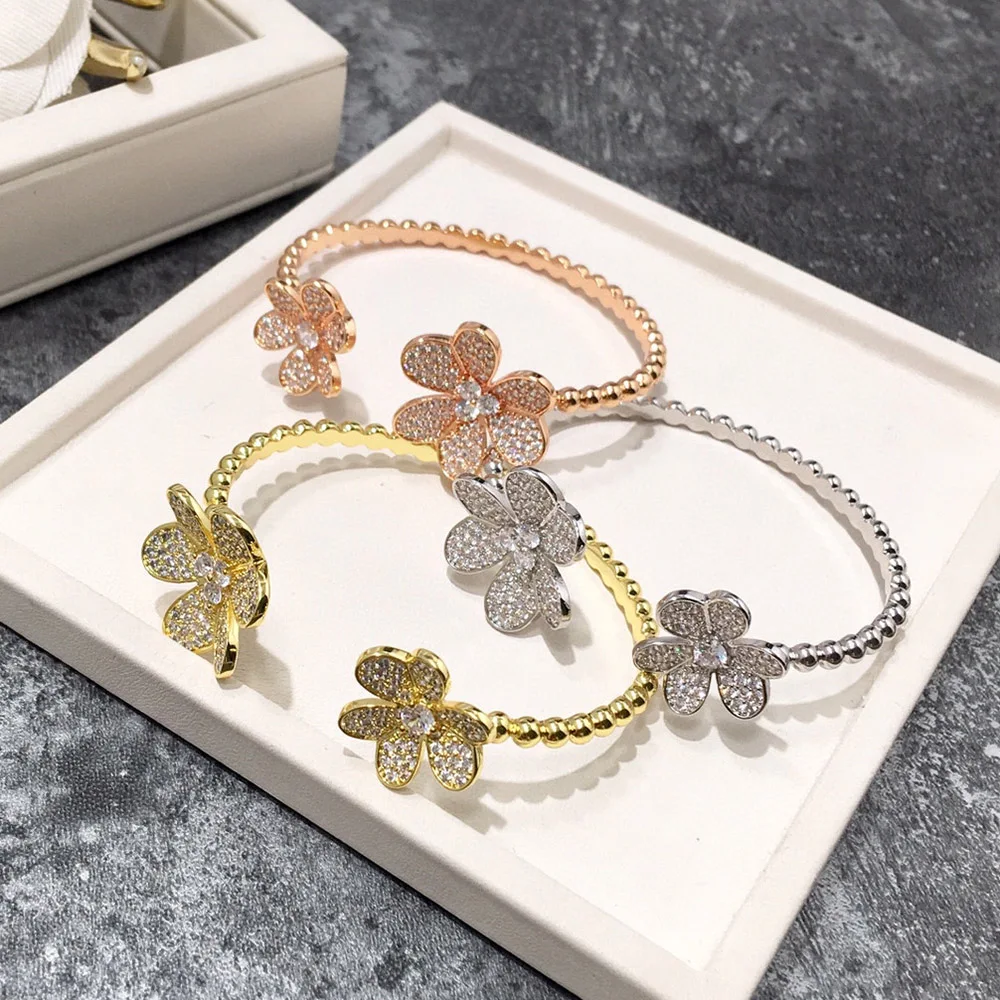 Famous Brand Rose Gold Silver Color Luxury Classical Leaf Zircon Clover Bracelets Bangle For