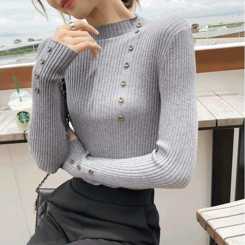 Sweater Women 2020 New Korean Version Warm Pullover Decorative Buttons Knitted Tops Autumn Winter Half Turtleneck Sweater Sweater Women 2020 New Korean Version Warm Pullover Decorative Buttons Knitted Tops Autumn Winter Half Turtleneck Sweater