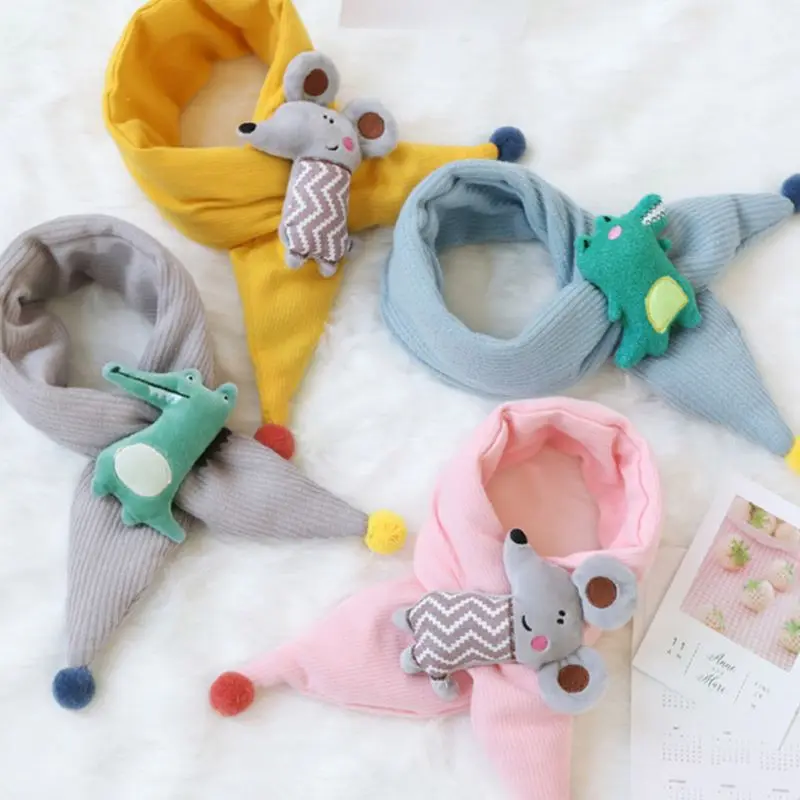 

Children Kids Winter Thick Cotton-Padded Cross Collar Scarf Cute Cartoon Mouse Dinosaur Style Pompom Windproof Neck Ring