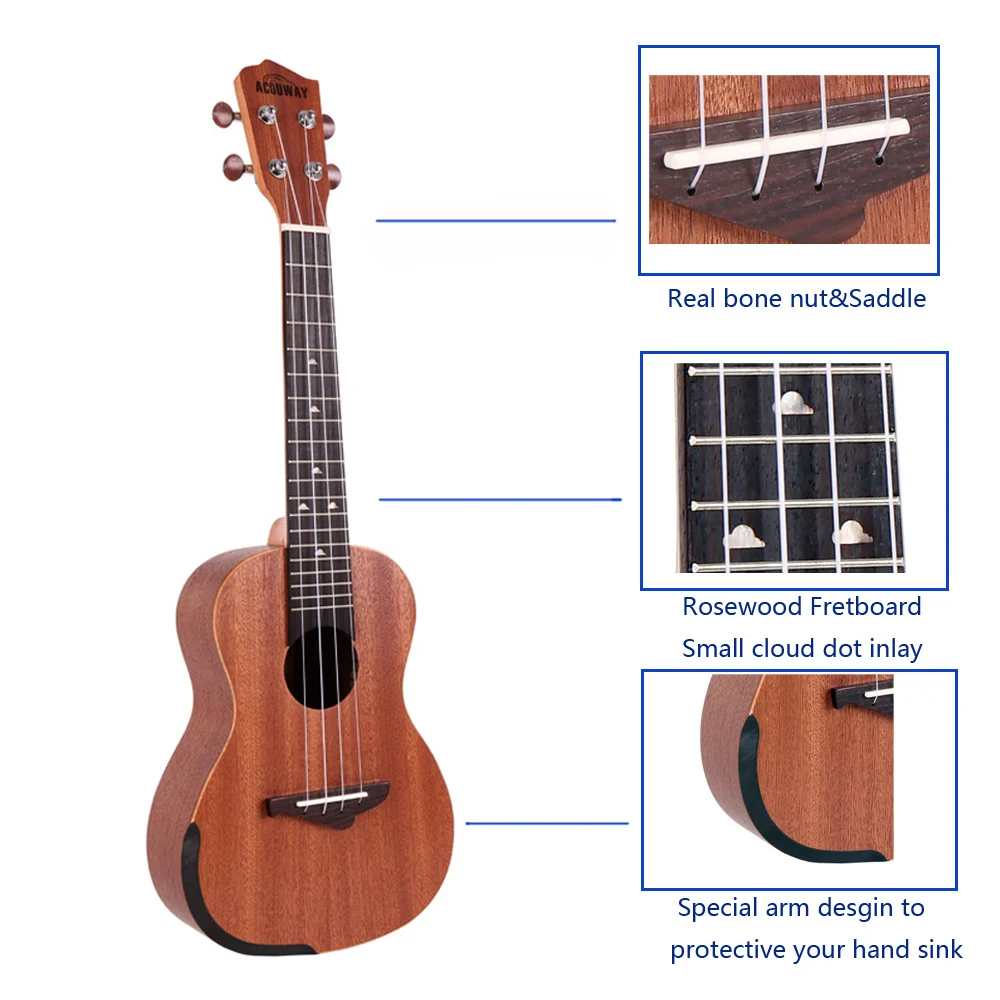 Acouway Ukulele Concert Soprano Tenor Ukulele 21" 24" 26" Sapele Ukelele Aquila String Optinal Bag Tuner Strap ukulele set