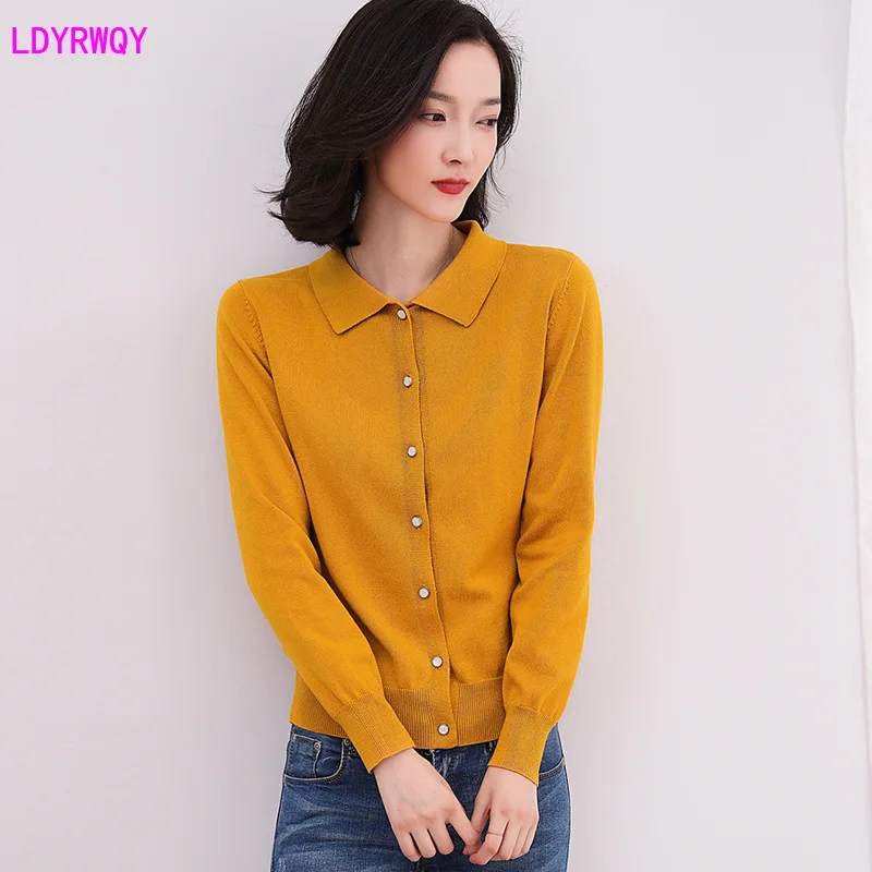 

2019 autumn new Korean fashion women's solid color lapel cotton long-sleeved single-breasted knitwear