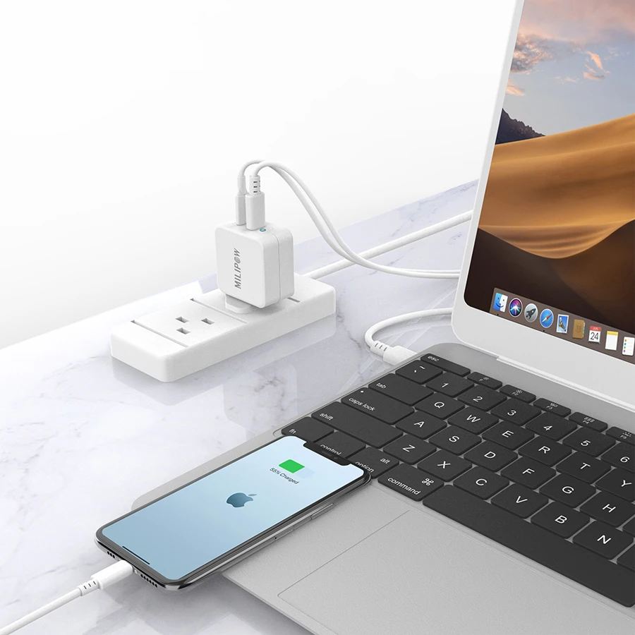 Двойное зарядное устройство с USB A PD 65W GaN быстрая зарядка для Apple MacBook Pro/Air iPad Pro iPhone