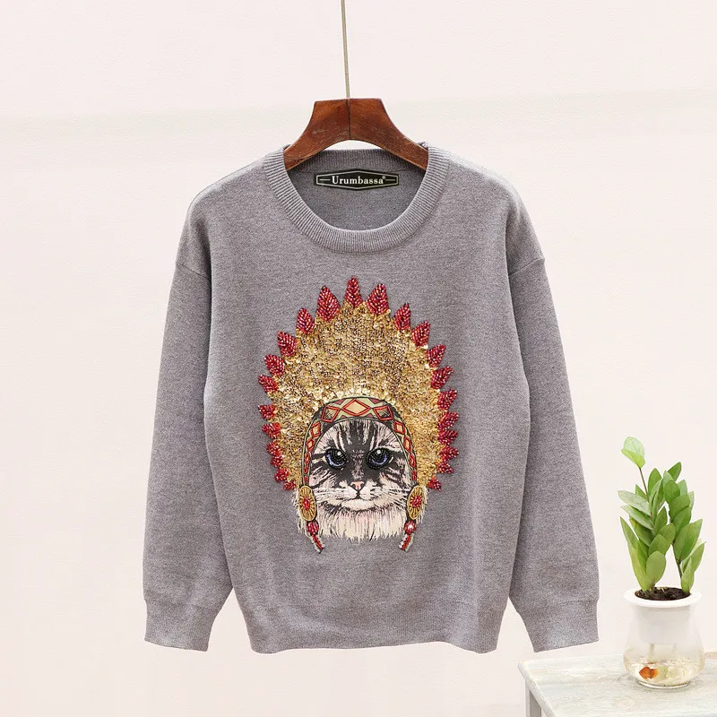 Осенние высококачественные женские свитера с бисером и рисунком кота+ повседневные штаны комплект из двух предметов шикарный женский костюм для отдыха A925