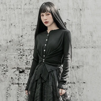 

simple Button Split Joint Pleated Knitting Cardigan Sweater Loose Fit Long Sleeve Women New Fashion Tide Spring 2020 1R589