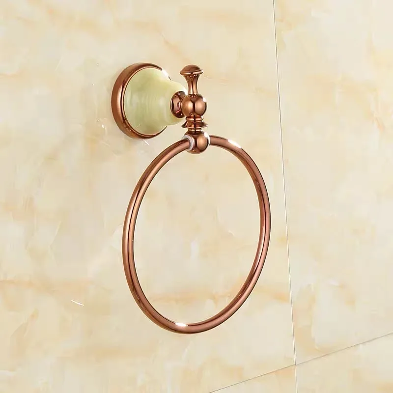 

Polished rose god towel ring for bathroom round Copper European style jade towel shelf bathroom accessory