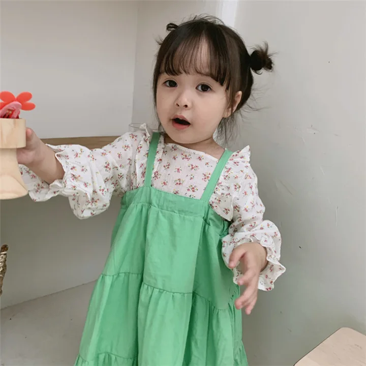 Monkey Duo/Новинка года; сезон осень; детская рубашка с цветочным рисунком и оборками из Южной Кореи; рубашка с длинными рукавами для девочек
