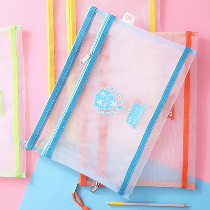 

Students Subject Sorting Bag A4 Transparent Mesh Nylon Zipper Bag Discipline Compartmental Label Tape Name Layered Double Layer