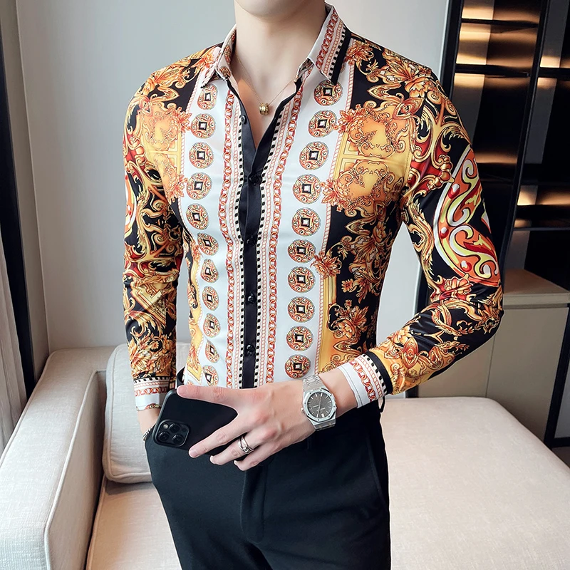 Camisa de lujo con de oro real para hombre, ropa de marca de manga larga, ajustada, para negocios, vestido Formal, para fiesta y Club, a la moda|Camisas de - AliExpress
