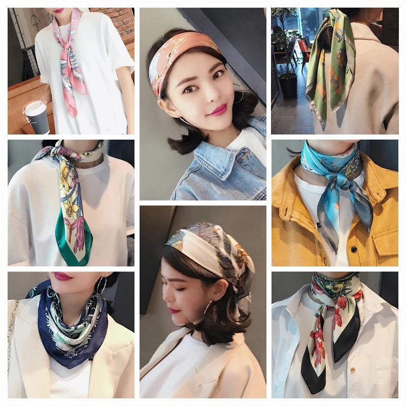 

70cm*70cm New Korean Flow Cute Scarf Designed For Party Shopping Women's Joker New Satin Striped Scarf Turban 2019 Fashion