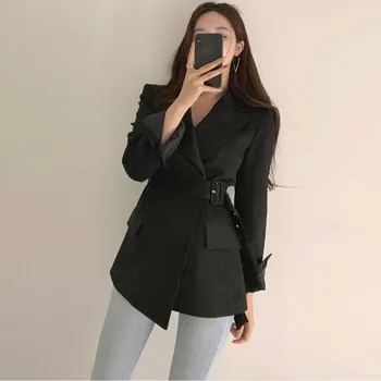 

New Autumn Winter Women Jackets Office Ladies Lace Up Formal Outwear Elegant Solid Pink Black Tops