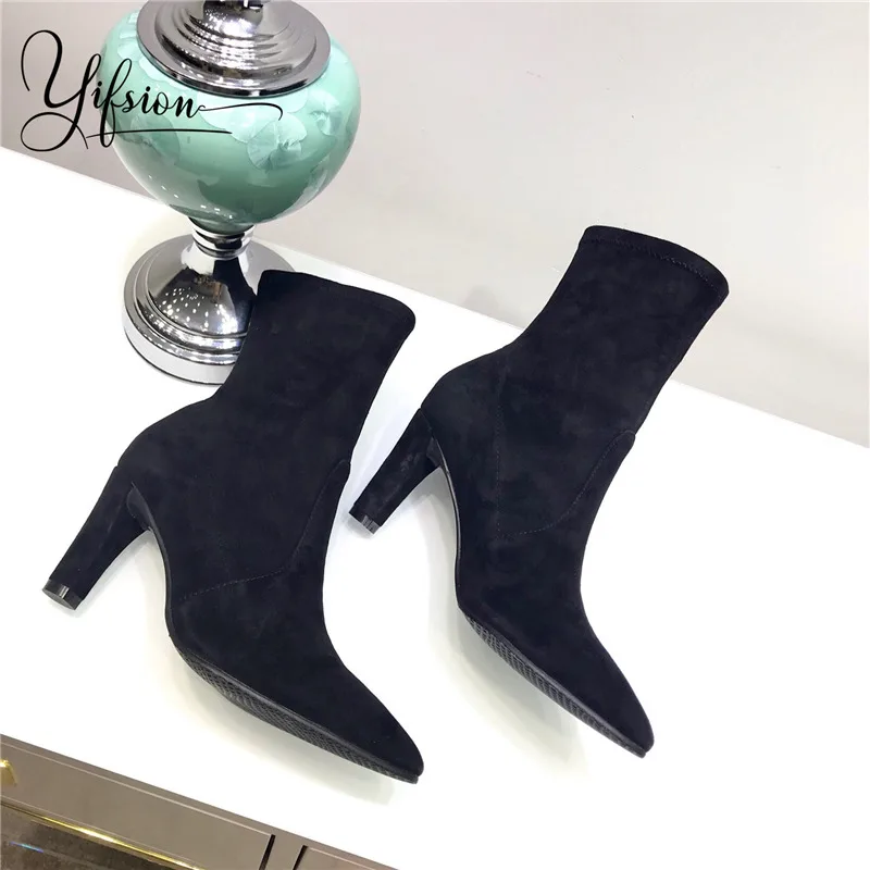 

OLOME New Fashion Black Brown Runway Kid Suede Slip On Women Boots Pointed Toe Thin High Heel Ladies Ankle Boots Shoes Woman
