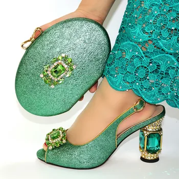 

Crystals African Wedding Shoe and Matching Bag set 2020 Women Italian Ladies Shoes and Bag To Match set Green With Glasses Heels