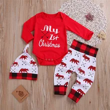 Комплект рождественской одежды для новорожденных девочек, комбинезон+ штаны, комплект из 3 предметов, новая зимняя одежда для маленьких мальчиков 0-24 мес., D1351