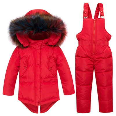 Детская верхняя одежда, теплый пуховик+ брюки-комбинезоны, комплект одежды из двух предметов, детская Лыжная одежда с меховым капюшоном, зимний костюм для мальчика, пуховые пальто для девочки 3 лет - Цвет: Red